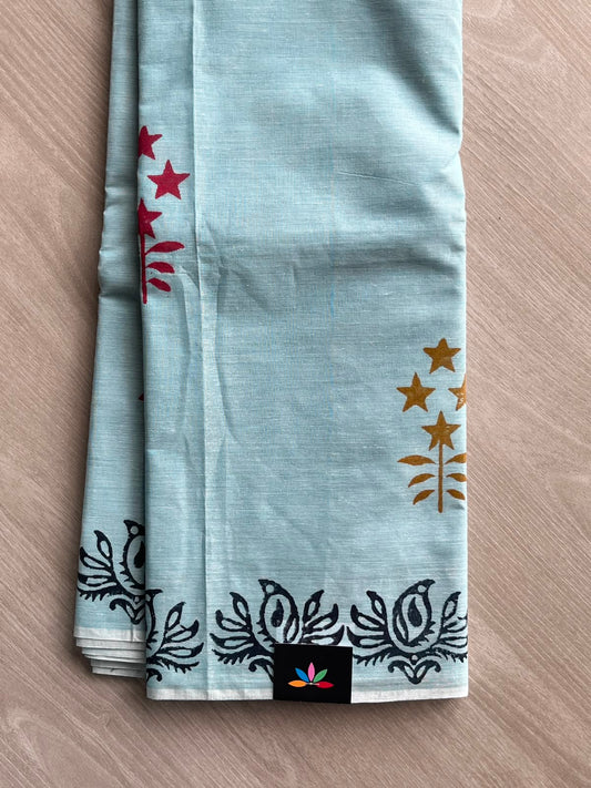 Pastel Blue Simple Block Printed Cotton Saree - 33607