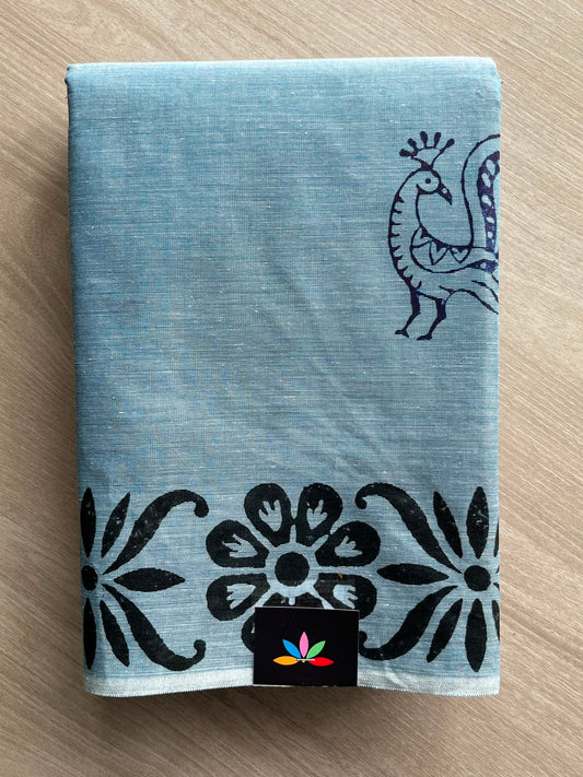 Moonstone Blue Simple Block Printed Cotton Saree - 33608