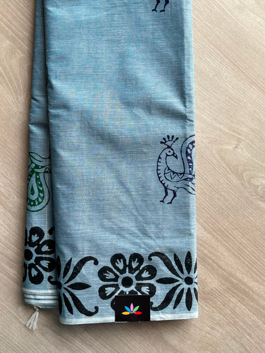 Moonstone Blue Simple Block Printed Cotton Saree - 33608