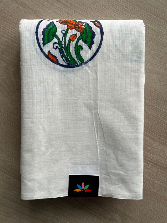 White Simple Block Printed Cotton Saree - 33610