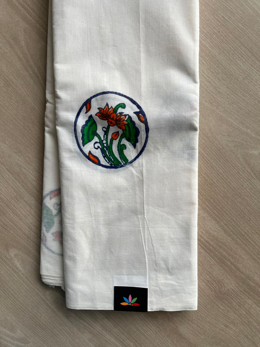 White Simple Block Printed Cotton Saree - 33610