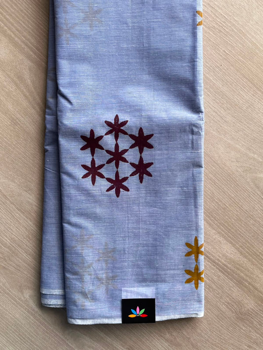 Misty Blue Simple Block Printed Cotton Saree - 33613