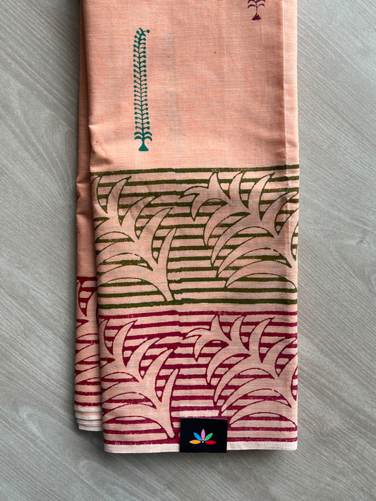 Light Salmon Shade Simple Block Printed Cotton Saree - 33615