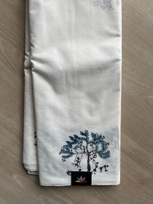 White Simple Block Printed Cotton Saree - 33616