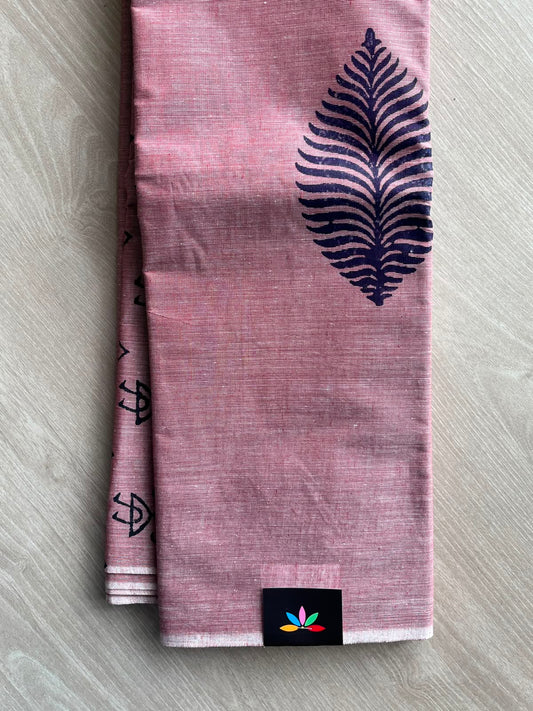 Dusty Pink Simple Block Printed Cotton Saree (Without Blouse) - 33619