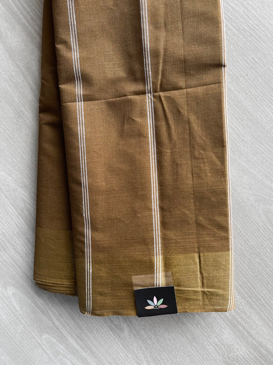 Dark Golden Brown Simple Striped Cotton Saree - 35239