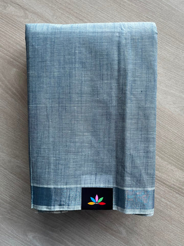 Grey Blue Simple Border Cotton Saree - 35243