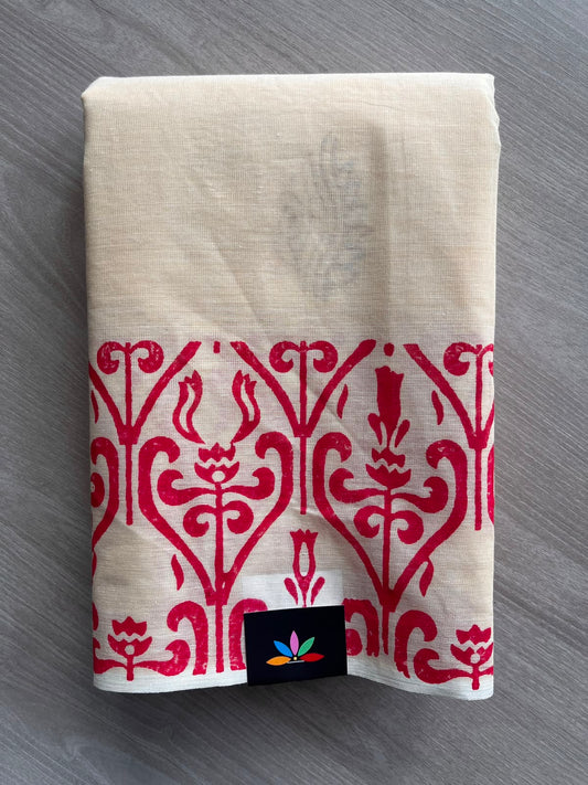 Cream Shade Simple Block Printed Cotton Saree - 35254