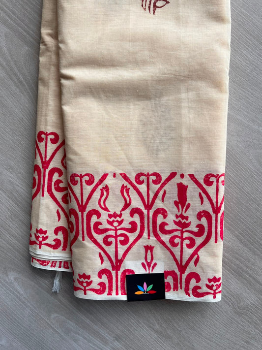 Cream Shade Simple Block Printed Cotton Saree - 35254