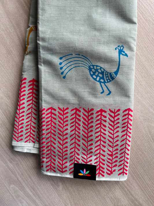 Silver Grey Simple Block Printed Cotton Saree - 35255