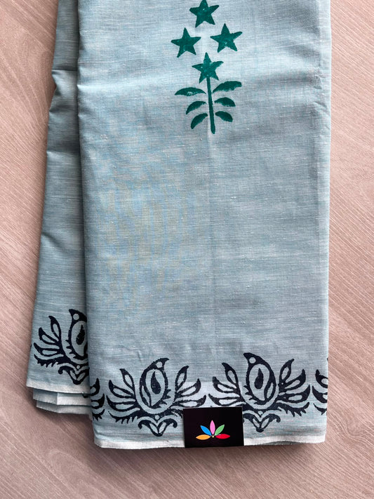 Light Blue Simple Block Printed Cotton Saree - 35256