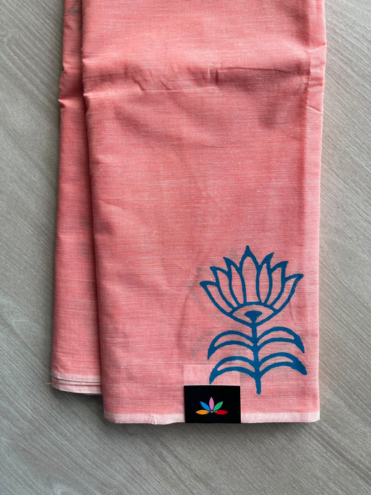 Salmon Pink Simple Block Printed Cotton Saree - 35257