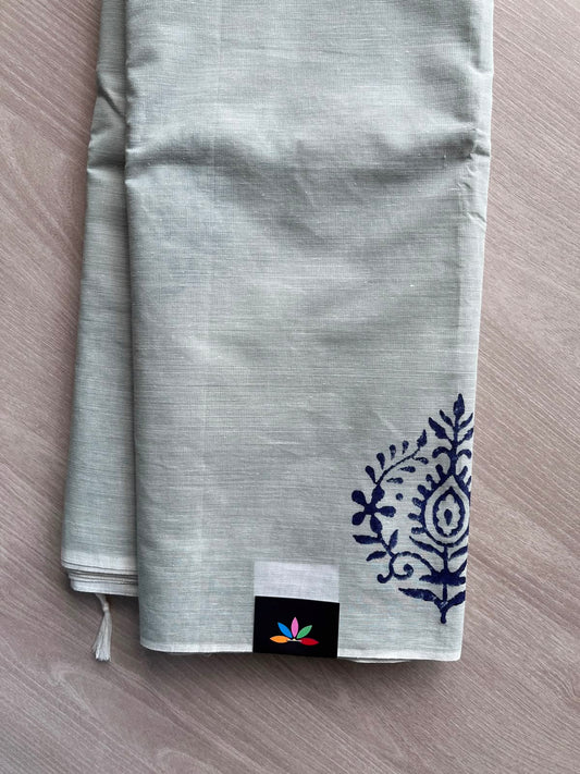 Silver Grey Simple Block Printed Cotton Saree - 35258
