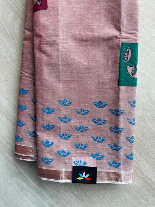 Dusty Rose Pink Simple Block Printed Cotton Saree - 35260