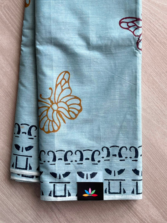 Light Blue Simple Block Printed Cotton Saree - 35261