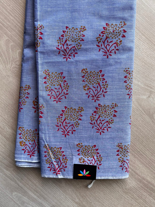Light Steel Blue Simple Block Printed Cotton Saree - 35262
