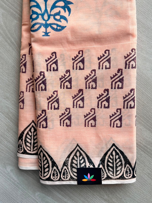 Apricot Orange Simple Block Printed Cotton Saree - 35263