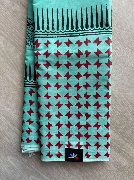Medium Aqua Green Simple Block Printed Cotton Saree - 35264