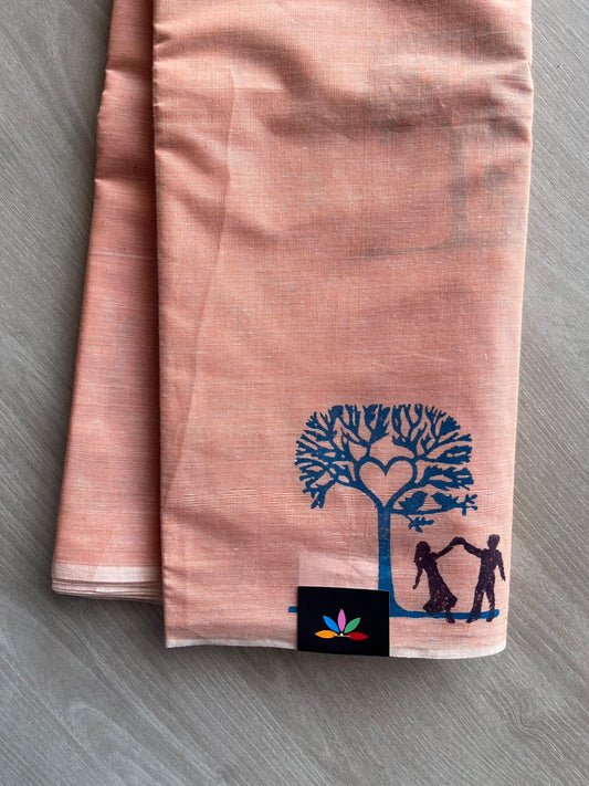 Apricot Orange Simple Block Printed Cotton Saree - 35266