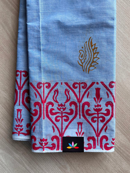 Blue-Grey Simple Block Printed Cotton Saree - 35268