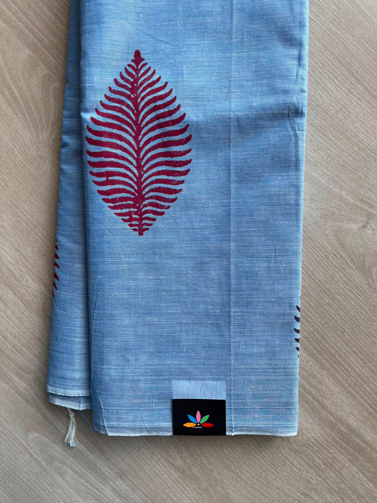 Off-Blue Simple Block Printed Cotton Saree - 35269