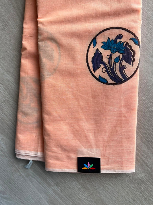 Apricot Orange Simple Block Printed Cotton Saree - 35270
