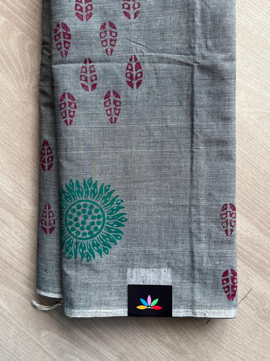 Cobalt Grey Simple Block Printed Cotton Saree - 35271