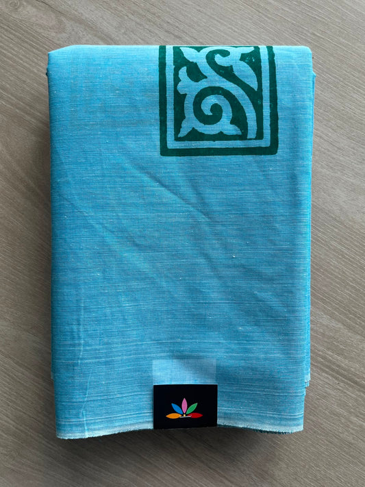 Baby Blue Simple Block Printed Cotton Saree - 35272