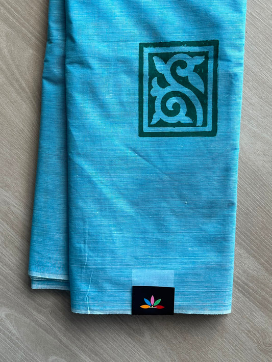 Baby Blue Simple Block Printed Cotton Saree - 35272
