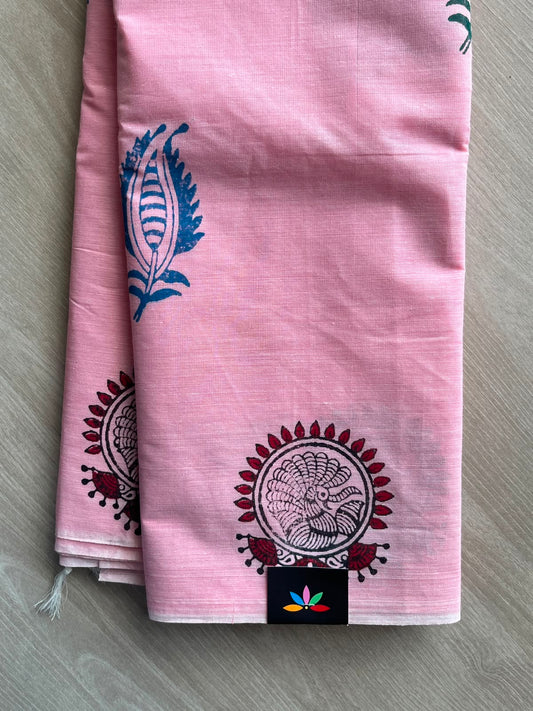 Baby Pink Simple Block Printed Cotton Saree - 35273