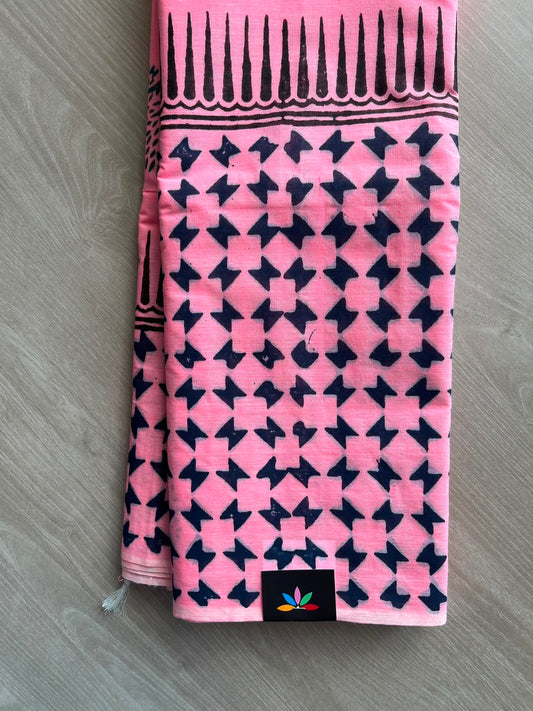 Taffy Pink Simple Block Printed Cotton Saree - 35275