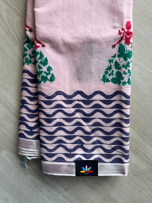 Pastel Pink Simple Block Printed Cotton Saree - 35276