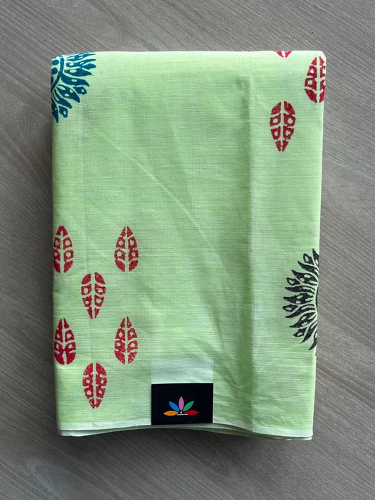 Pistachio Green Simple Block Printed Cotton Saree - 35277