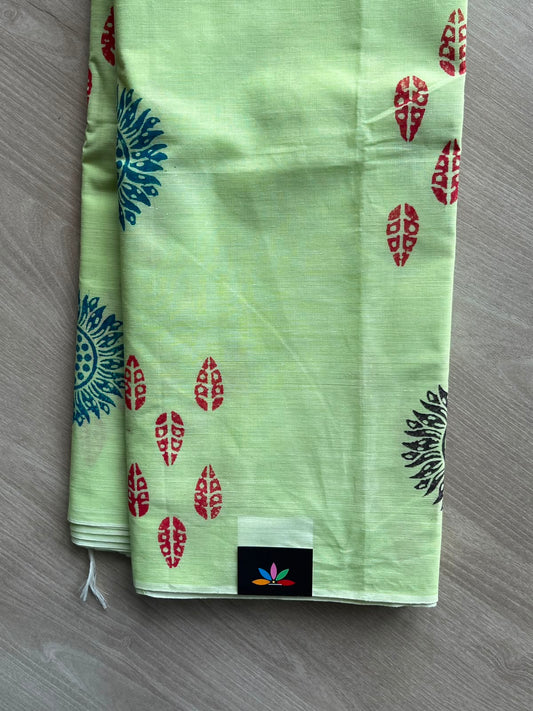 Pistachio Green Simple Block Printed Cotton Saree - 35277