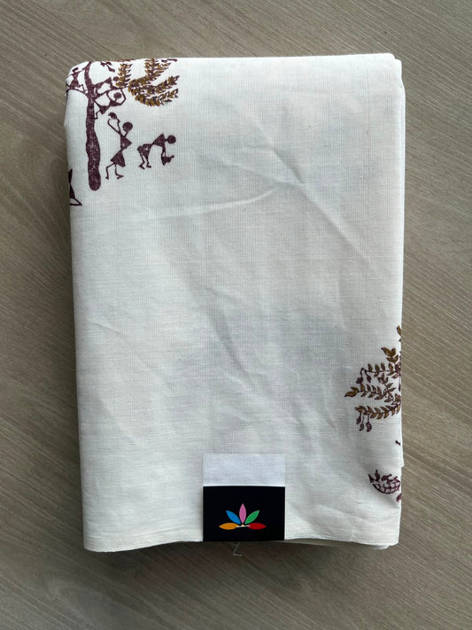 White Simple Block Printed Cotton Saree - 35278
