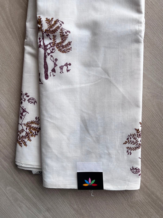 White Simple Block Printed Cotton Saree - 35278