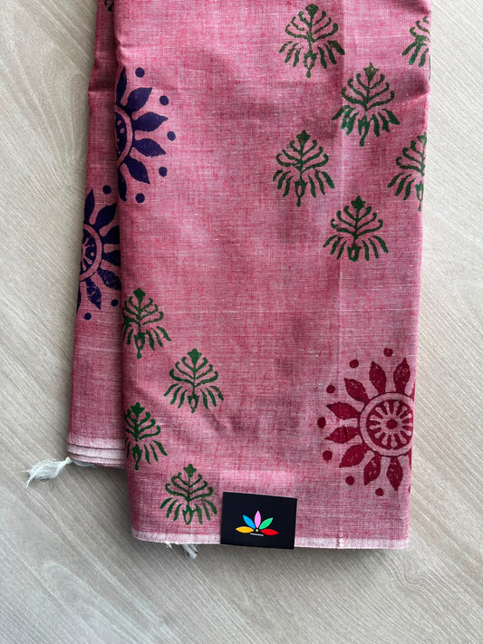 Muted Pink Simple Block Printed Cotton Saree - 35279