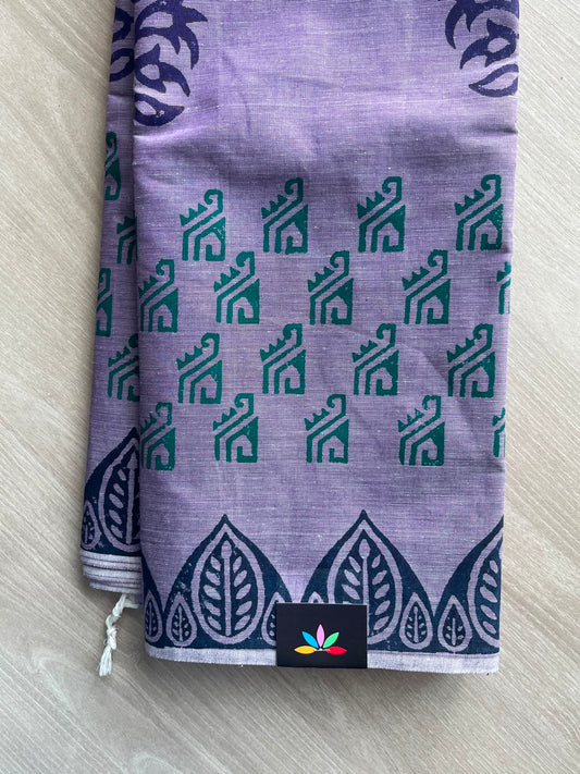Lavender Purple Simple Block Printed Cotton Saree - 35281