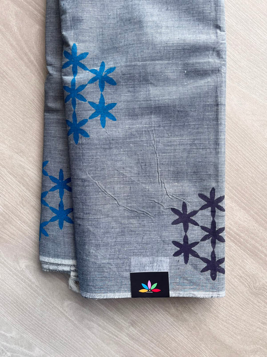 Oxford Grey Simple Block Printed Cotton Saree - 35282