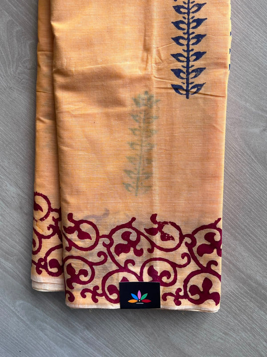 Apricot Orange Simple Block Printed Cotton Saree - 35283