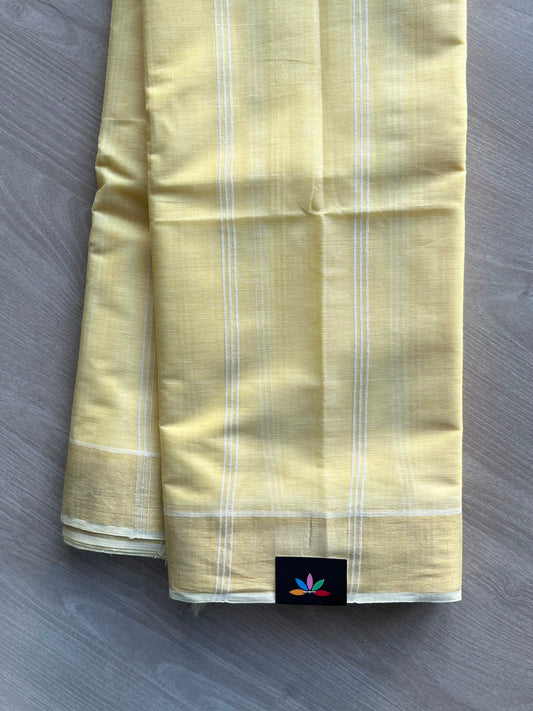 Light Yellow Simple Striped Cotton Saree - 35288