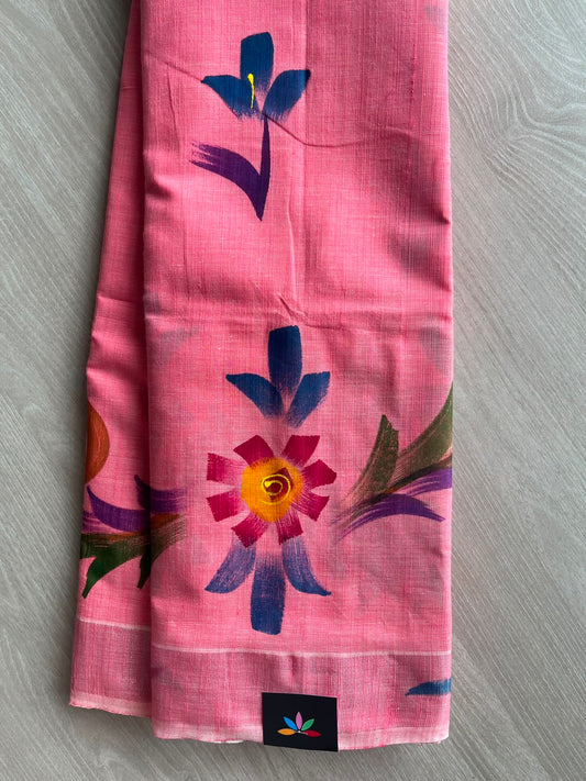 Rose Pink Handbrush Printed Textured Cotton Saree - 35295