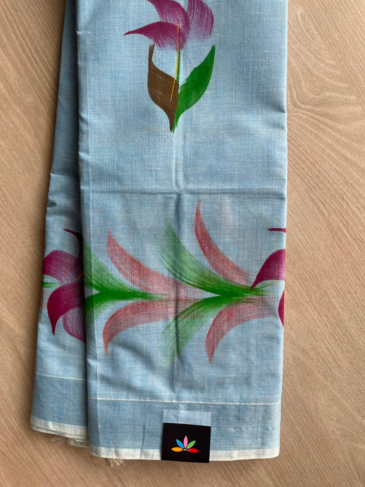 Light Blue Hand brush Printed Textured Cotton Saree - 35296