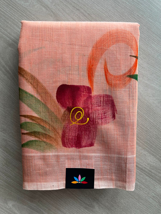 Salmon Peach Handbrush Printed Textured Cotton Saree - 35297