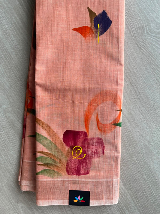 Salmon Peach Handbrush Printed Textured Cotton Saree - 35297