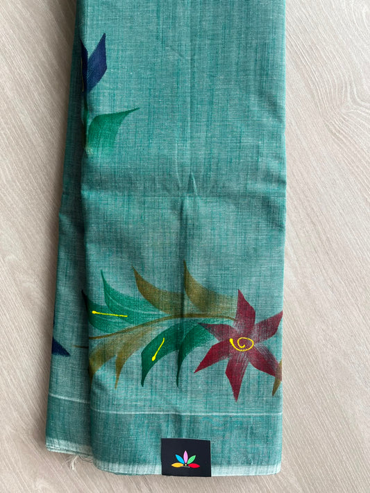 Dusty Teal Handbrush Printed Textured Cotton Saree - 35298