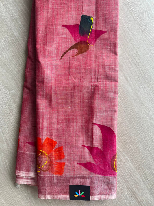 Rose Pink Handbrush Printed Textured Cotton Saree - 35299