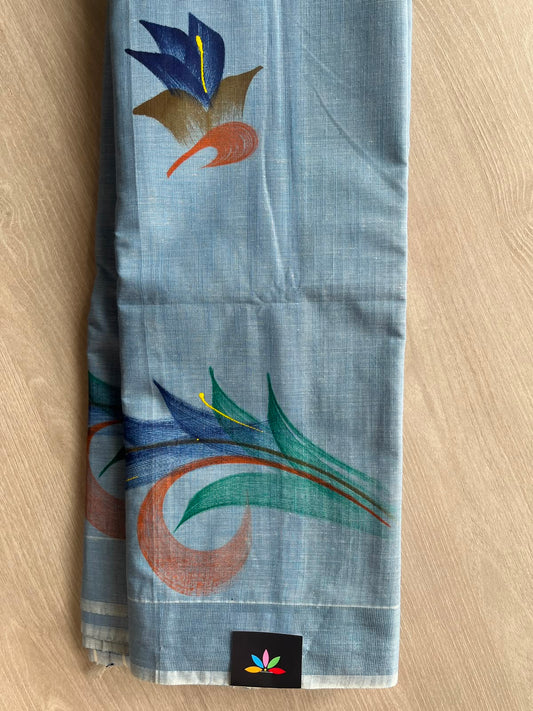 Light Blue Hand brush Printed Textured Cotton Saree - 35300