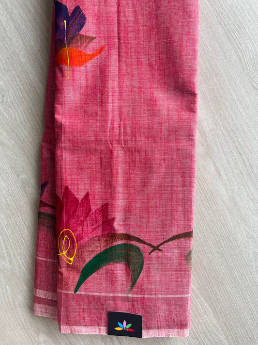 Dark Pink Hand brush Printed Textured Cotton Saree - 35302