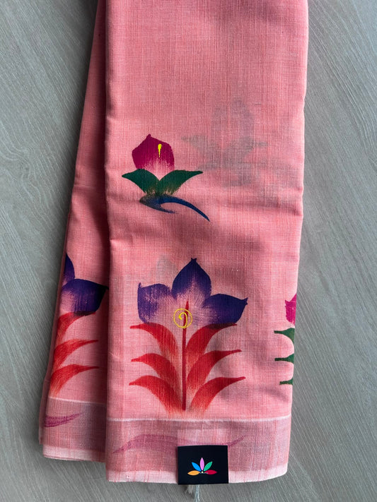 Soft Pink Hand brush Printed Textured Cotton Saree - 35305
